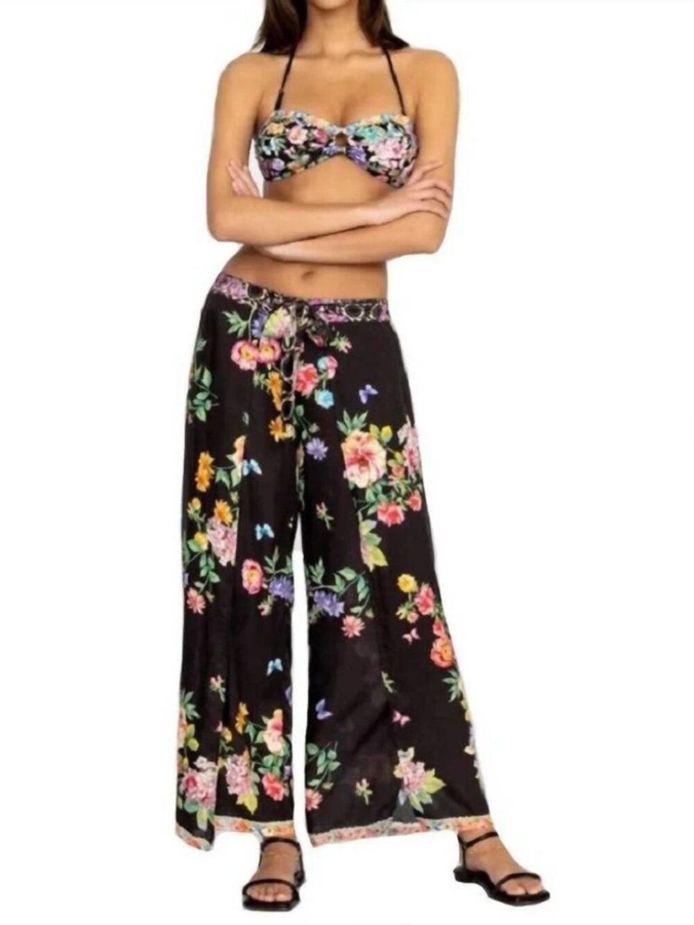 Johnny Was Black Butterfly Silk Blend Wrap Pants XXL Floral Boho Resort Cover Up